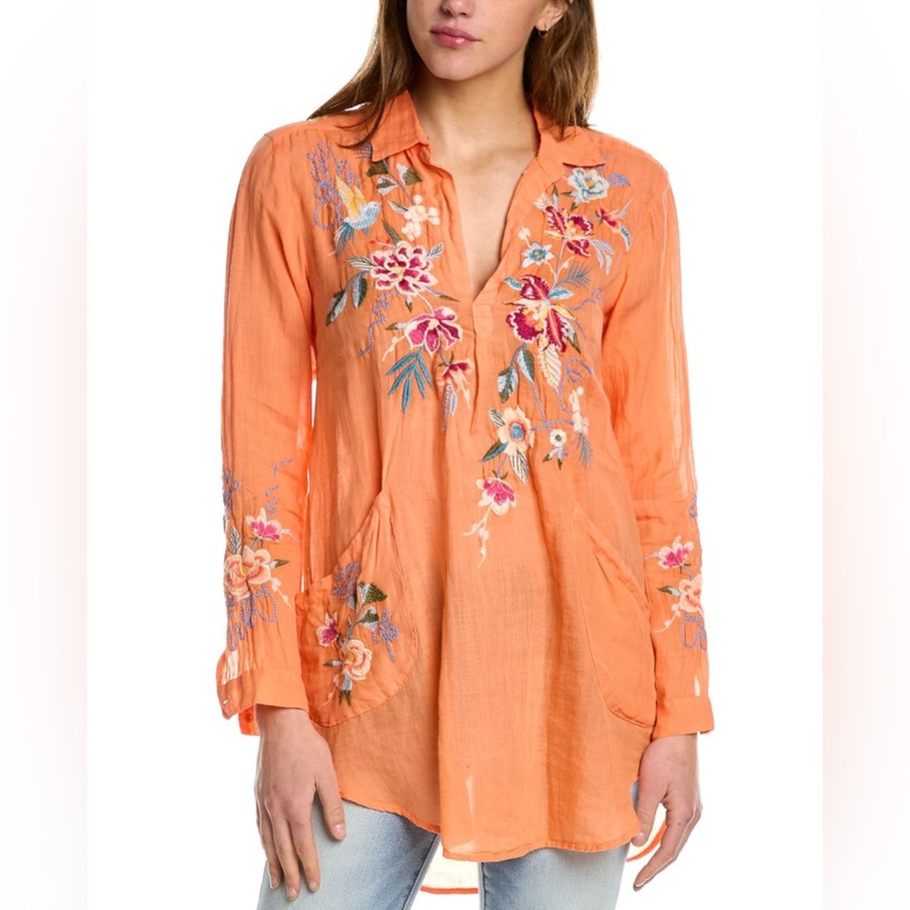 Johnny Was Miro Henley Popover Tunic Orange Embroidered Top Blouse Size M - Picture 1 of 11